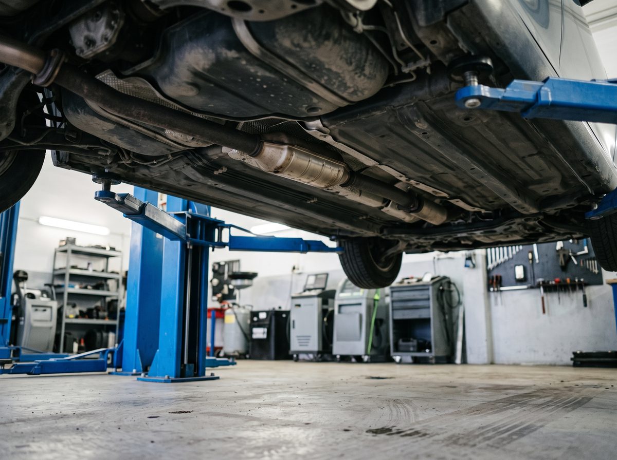 A catalytic converter and exhaust pipe on the underside of a vehicle raised on a lift
