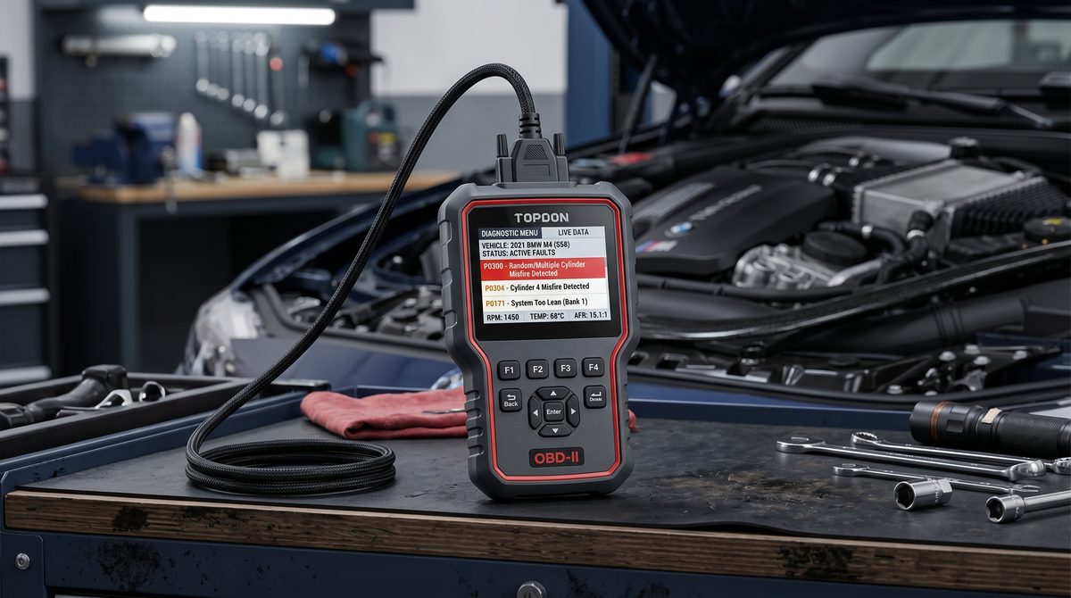 A scan tool displaying emissions readiness-monitor status during a check engine diagnosis