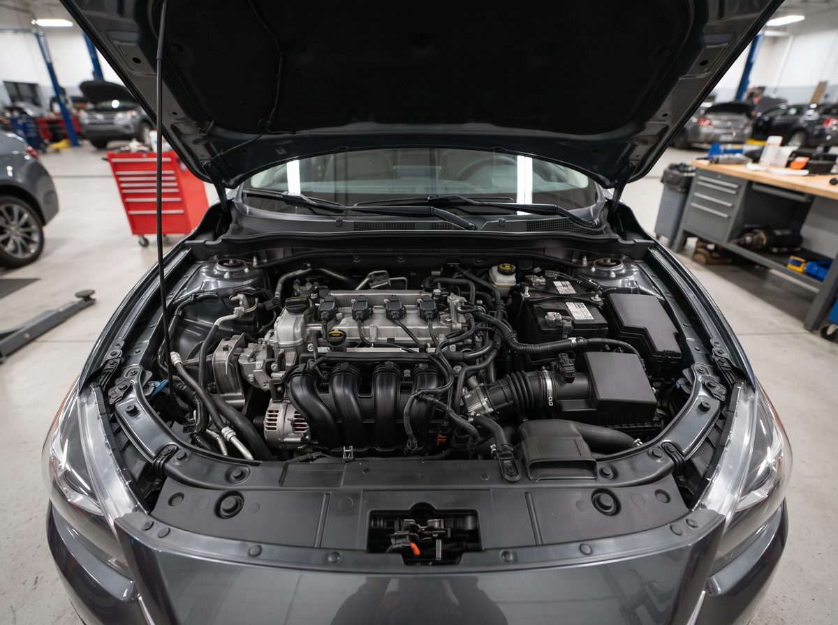An open engine bay viewed from above, with the intake manifold and coil packs visible