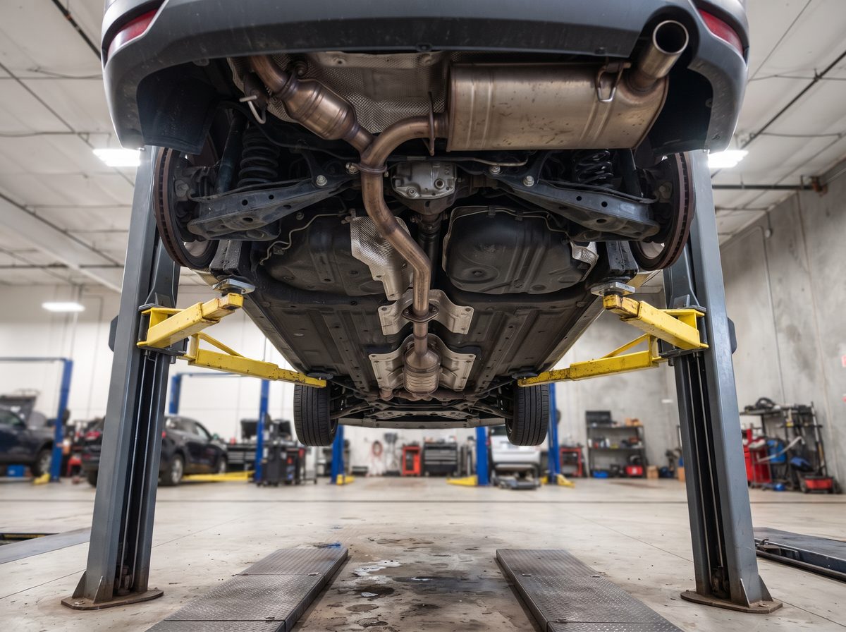 A vehicle's exhaust system — muffler and pipes — seen from below on a two-post lift