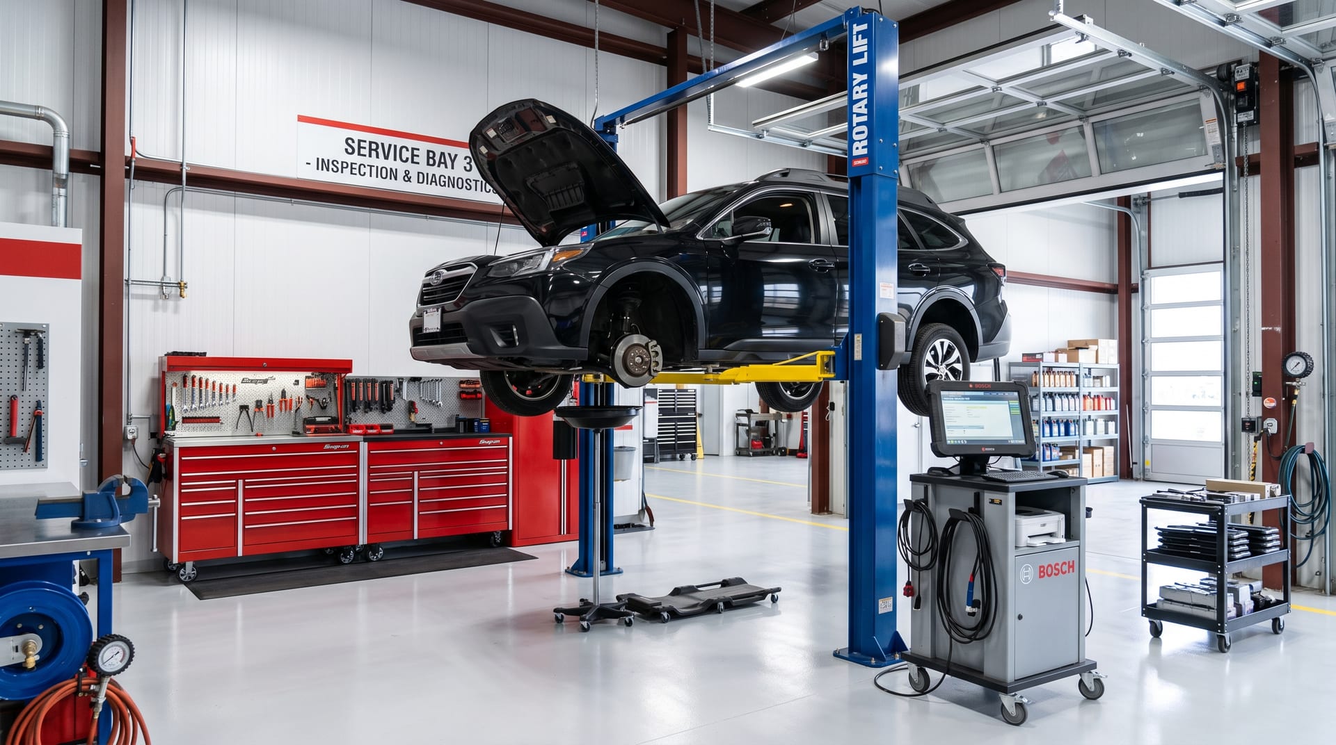A vehicle raised on a lift for a suspension inspection at Eagle Transmission & Auto Repair in Denton