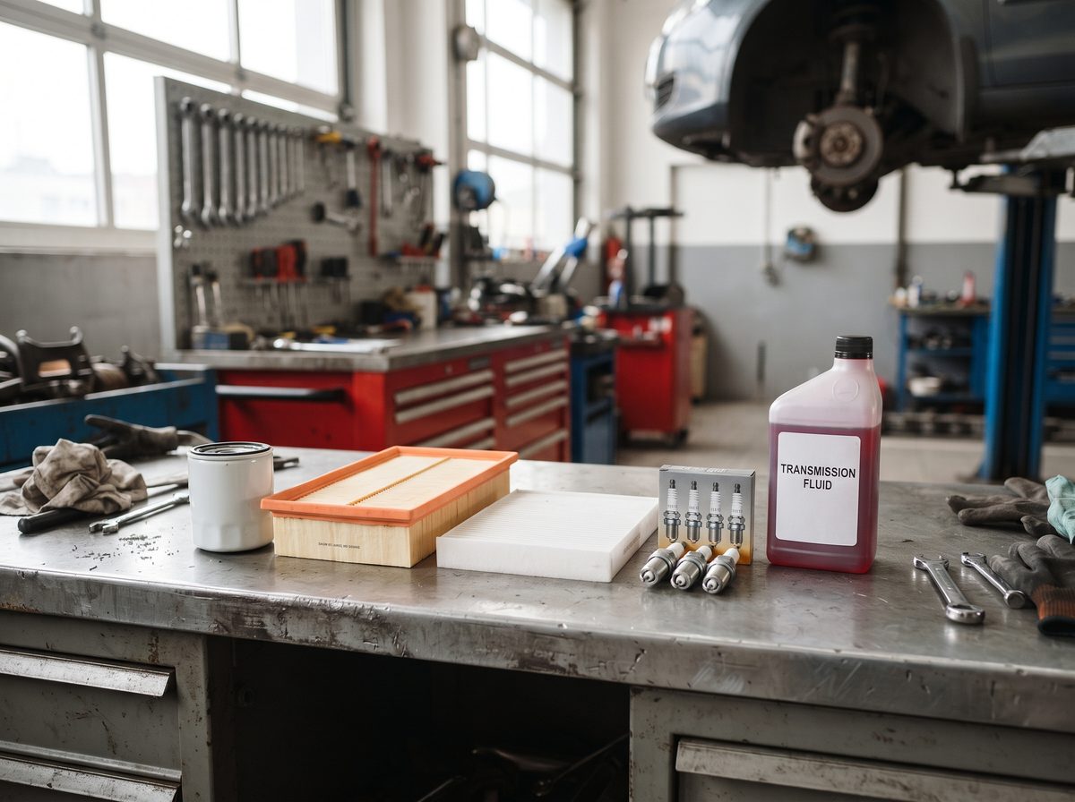 Routine maintenance parts laid out on a bench: oil and air filters, spark plugs and fluid