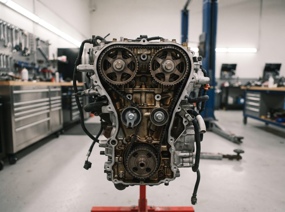 A timing belt and camshaft sprockets exposed with the timing cover removed