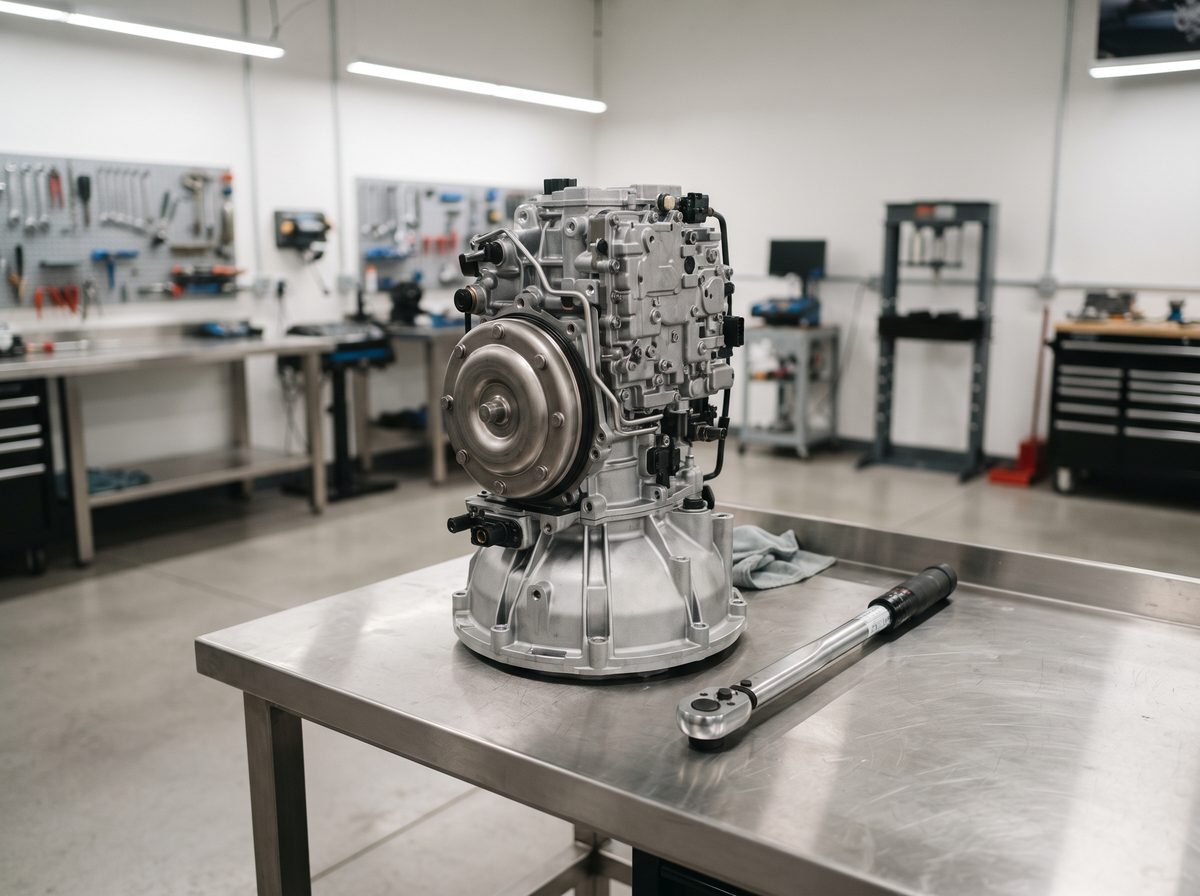 A rebuilt automatic transmission assembled on a workbench