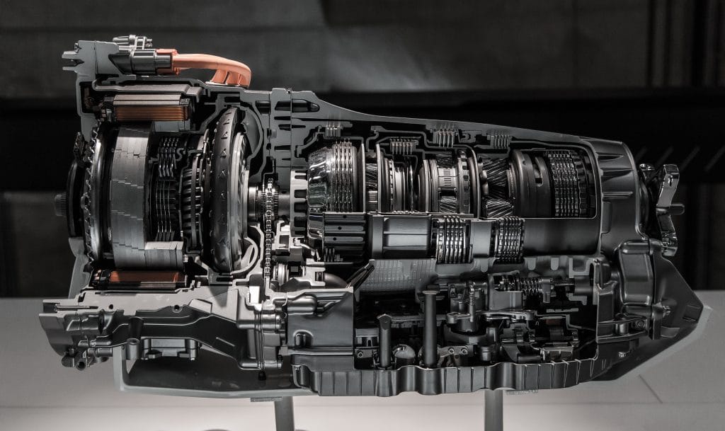 Cutaway of an automatic transmission showing the torque converter, planetary gearsets and valve body